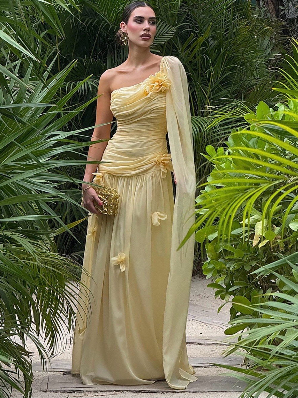 One-Shoulder Yellow Chiffon Evening Gown